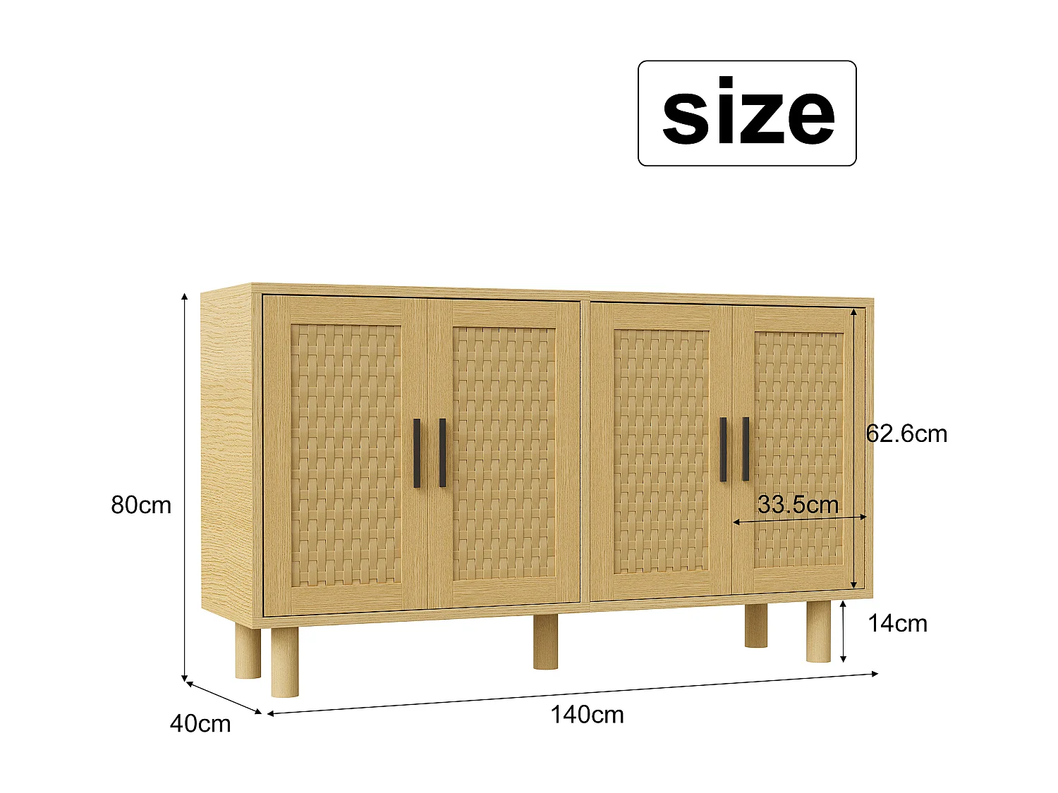 Buffet avec 4 portes, 140x40x80 cm, 4 grandes portes effet cannage, meuble de salon ou salle à manger