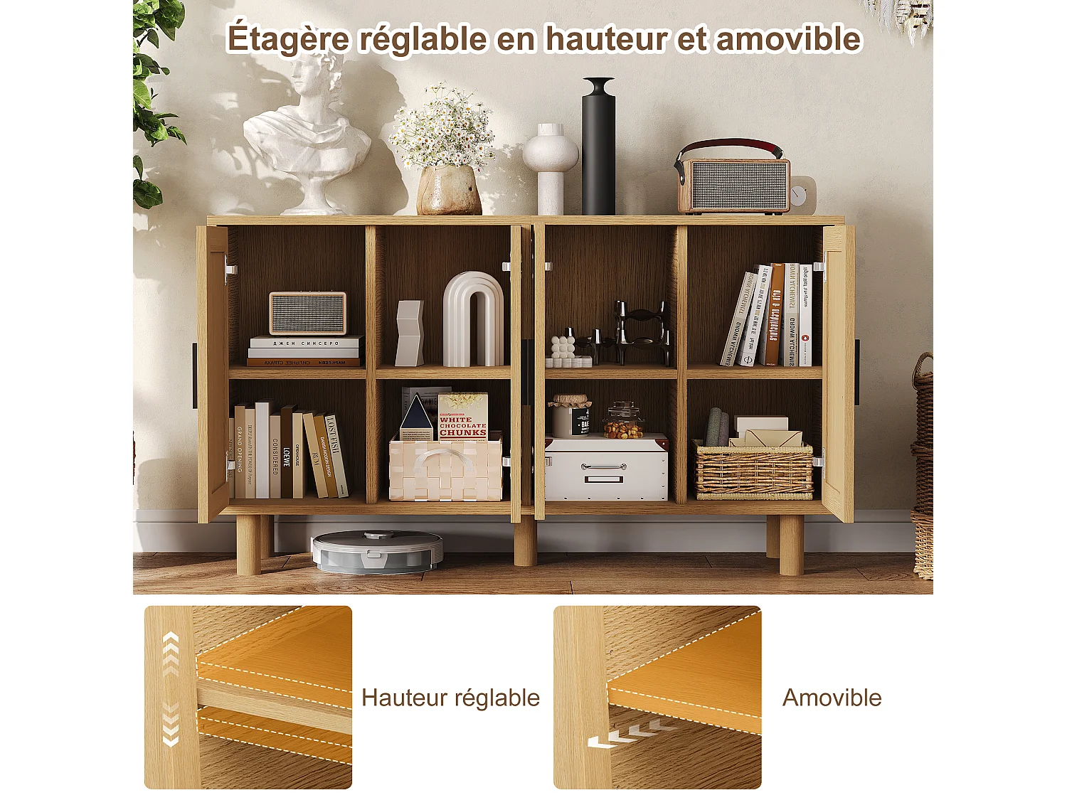 Buffet avec 4 portes, 140x40x80 cm, 4 grandes portes effet cannage, meuble de salon ou salle à manger