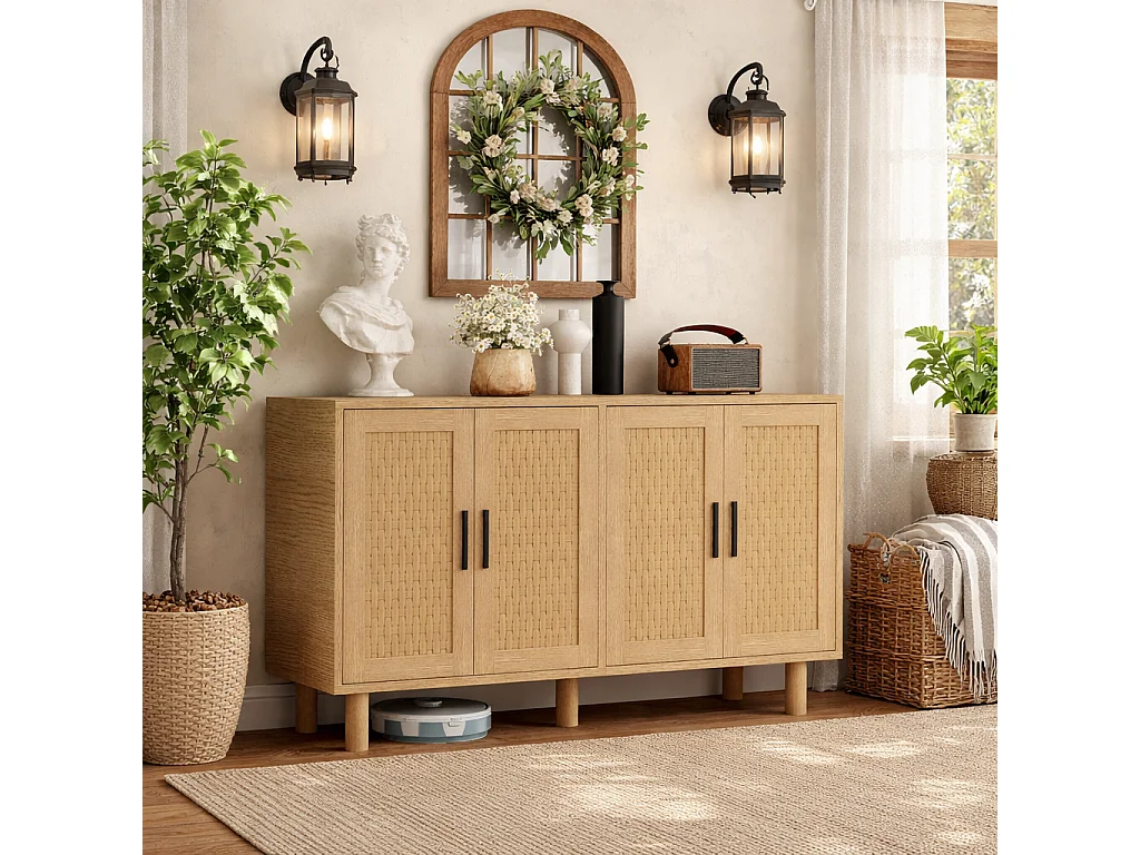 Buffet avec 4 portes, 140x40x80 cm, 4 grandes portes effet cannage, meuble de salon ou salle à manger