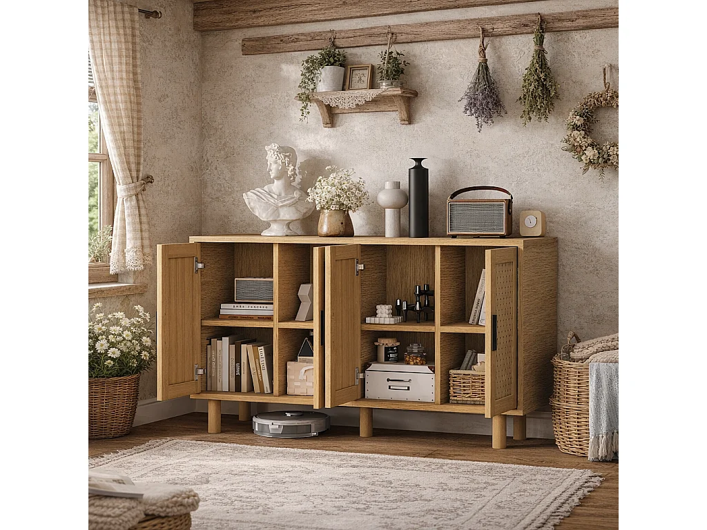 Buffet avec 4 portes, 140x40x80 cm, 4 grandes portes effet cannage, meuble de salon ou salle à manger