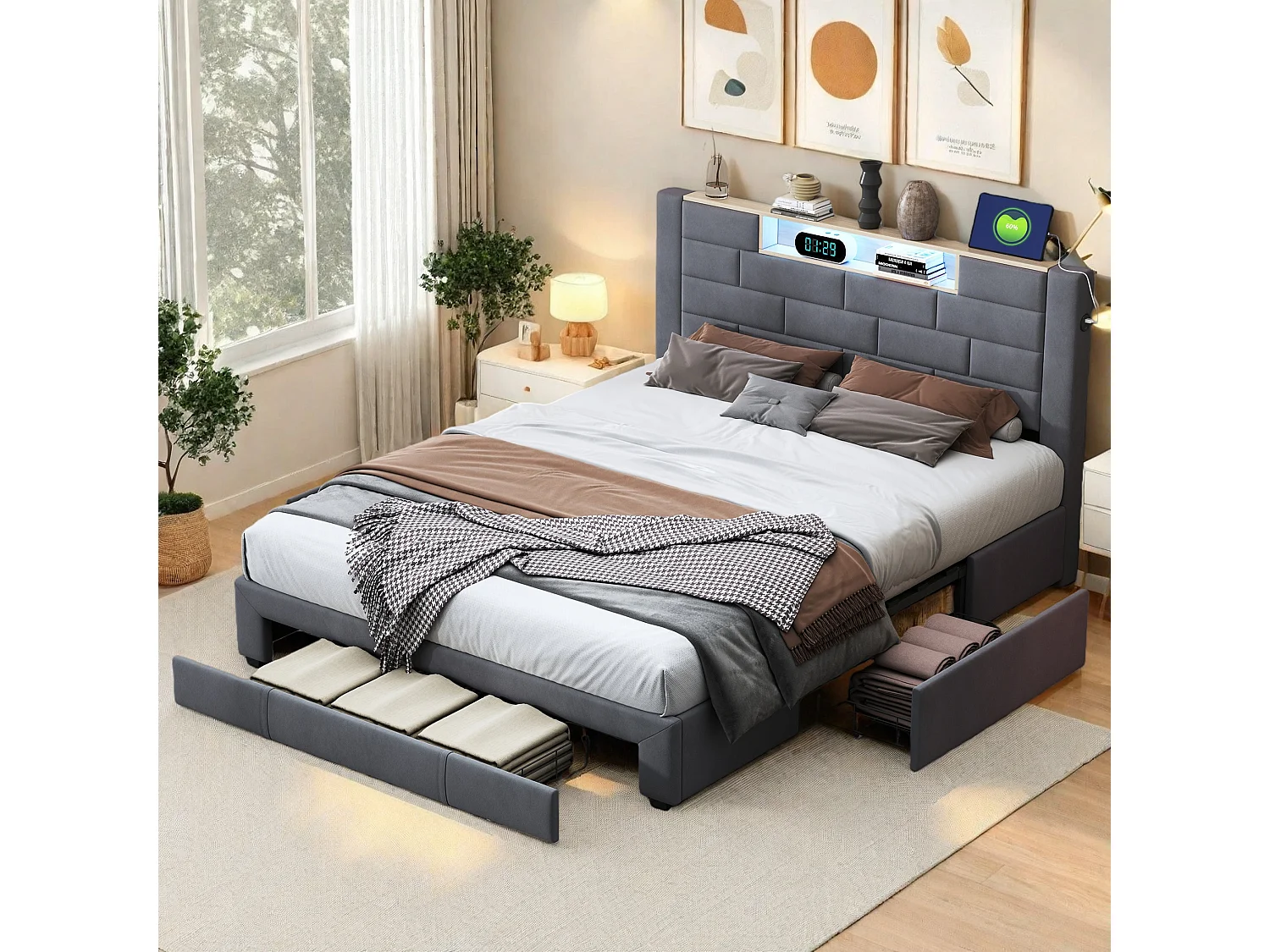 Lit 140x200 avec Sommier,Tête de Lit avec lumières LED et USB,2 Tiroirs,Gris,Velours
