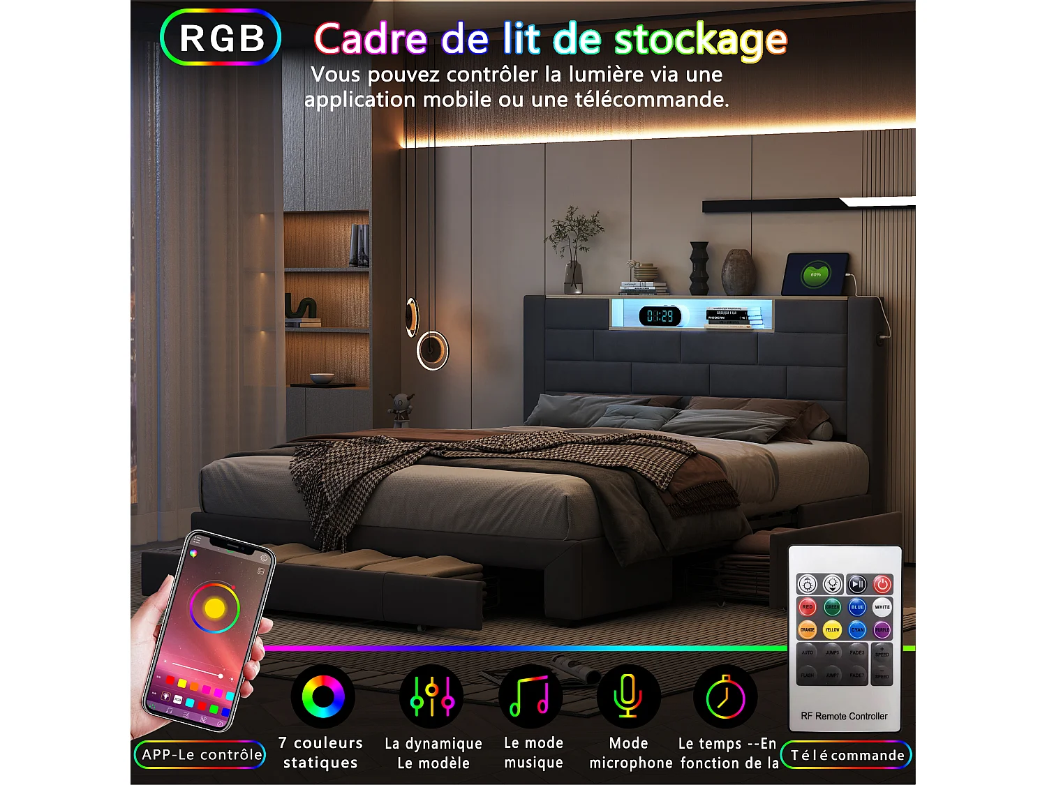 Lit 140x200 avec Sommier,Tête de Lit avec lumières LED et USB,2 Tiroirs,Gris,Velours