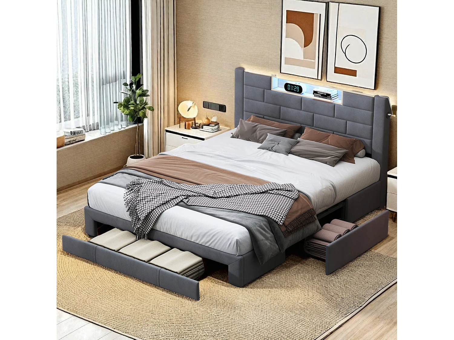 Lit 140x200 avec Sommier,Tête de Lit avec lumières LED et USB,2 Tiroirs,Gris,Velours