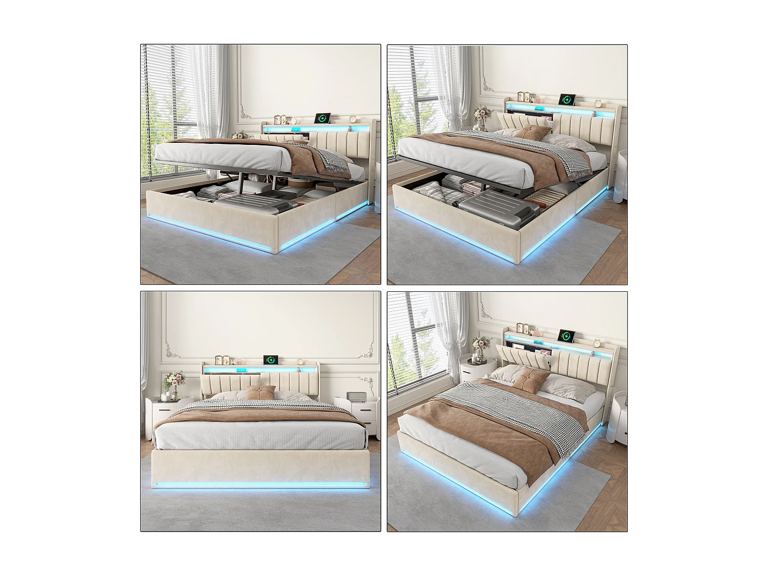 Lit 140x200 coffre, LED Lit avec port USB, Tête de lit avec rangement ouvertes/dissimule,Beige Velours