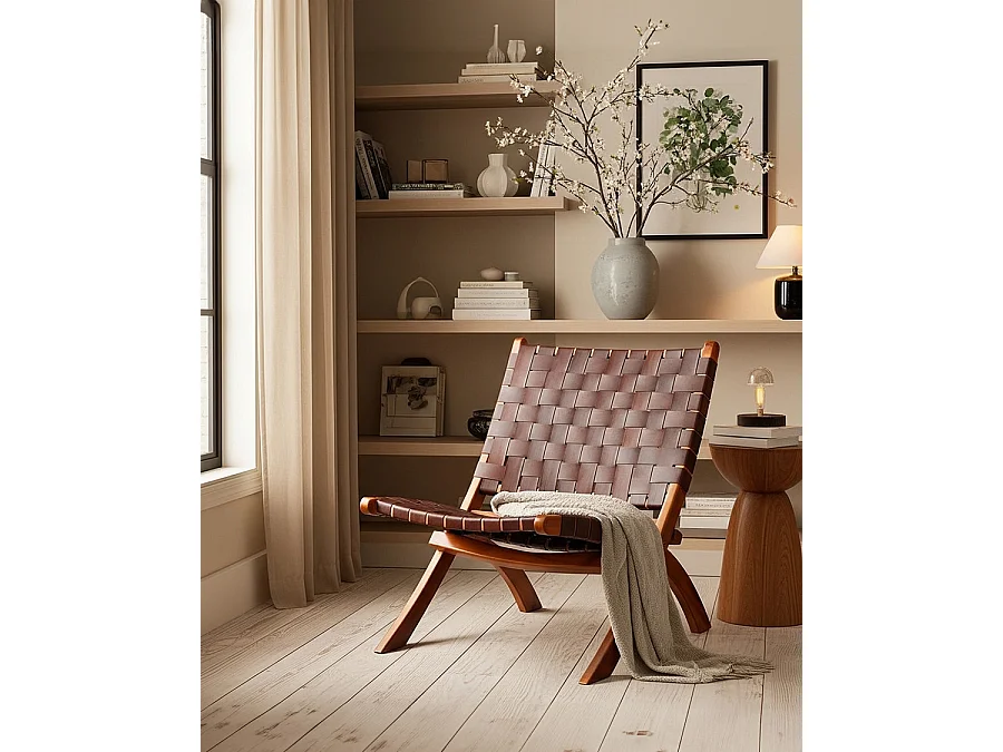 Kenza - Fauteuil pliant en teck et en cuir tressé