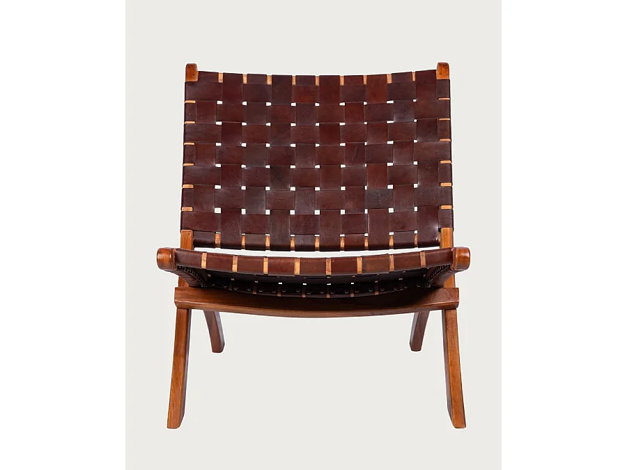 Kenza - Fauteuil pliant en teck et en cuir tressé