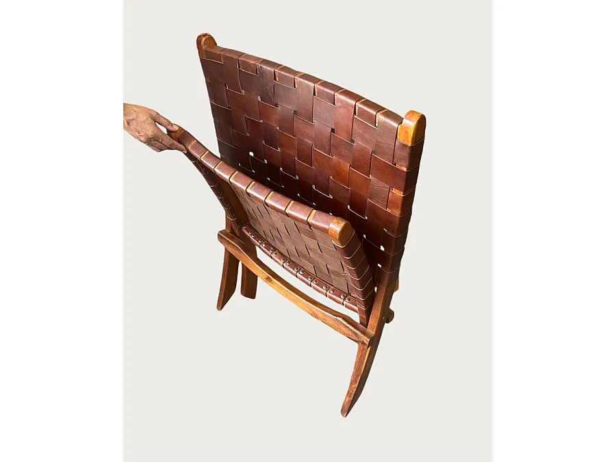Kenza - Fauteuil pliant en teck et en cuir tressé