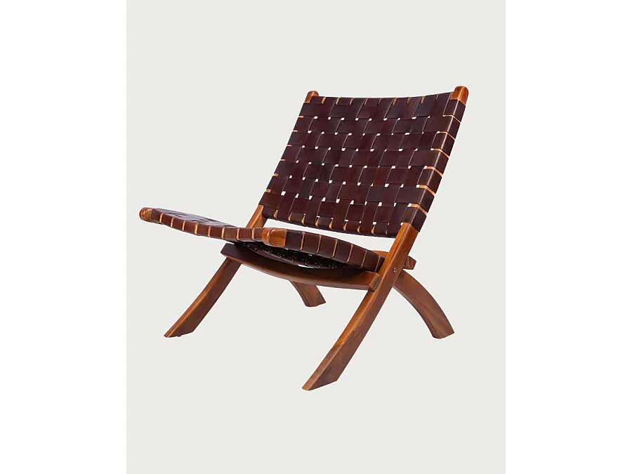 Kenza - Fauteuil pliant en teck et en cuir tressé