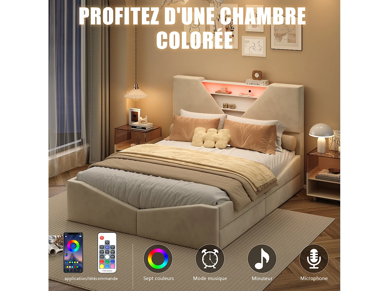 Lit coffre 140x200,Lit double avec LED,Tête de lit triangulaire avec rangement,sommier à lattes et 4 tiroirs,Beige Velours