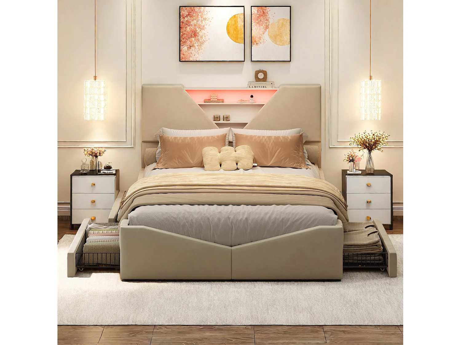 Lit coffre 140x200,Lit double avec LED,Tête de lit triangulaire avec rangement,sommier à lattes et 4 tiroirs,Beige Velours