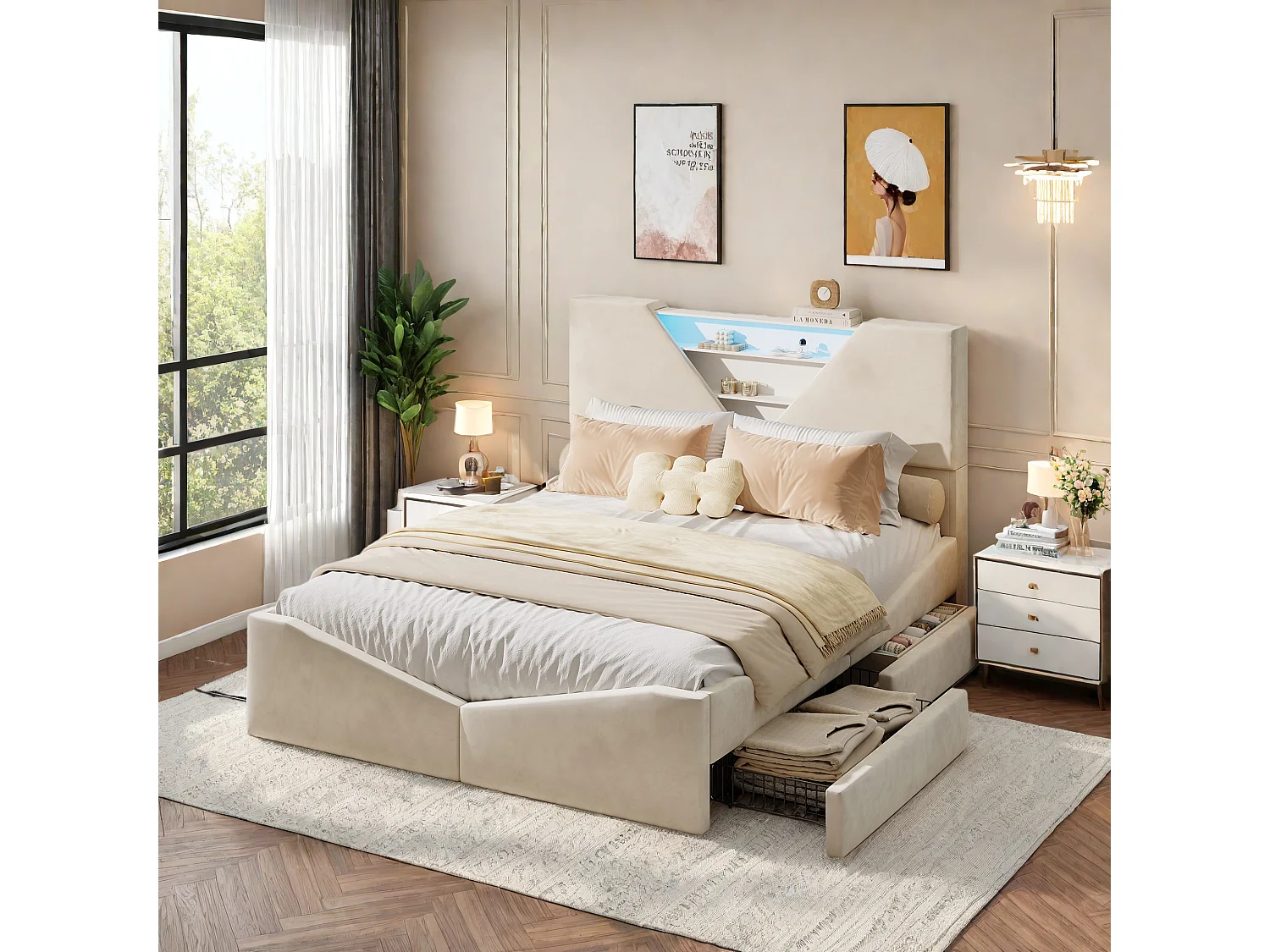 Lit coffre 140x200,Lit double avec LED,Tête de lit triangulaire avec rangement,sommier à lattes et 4 tiroirs,Beige Velours