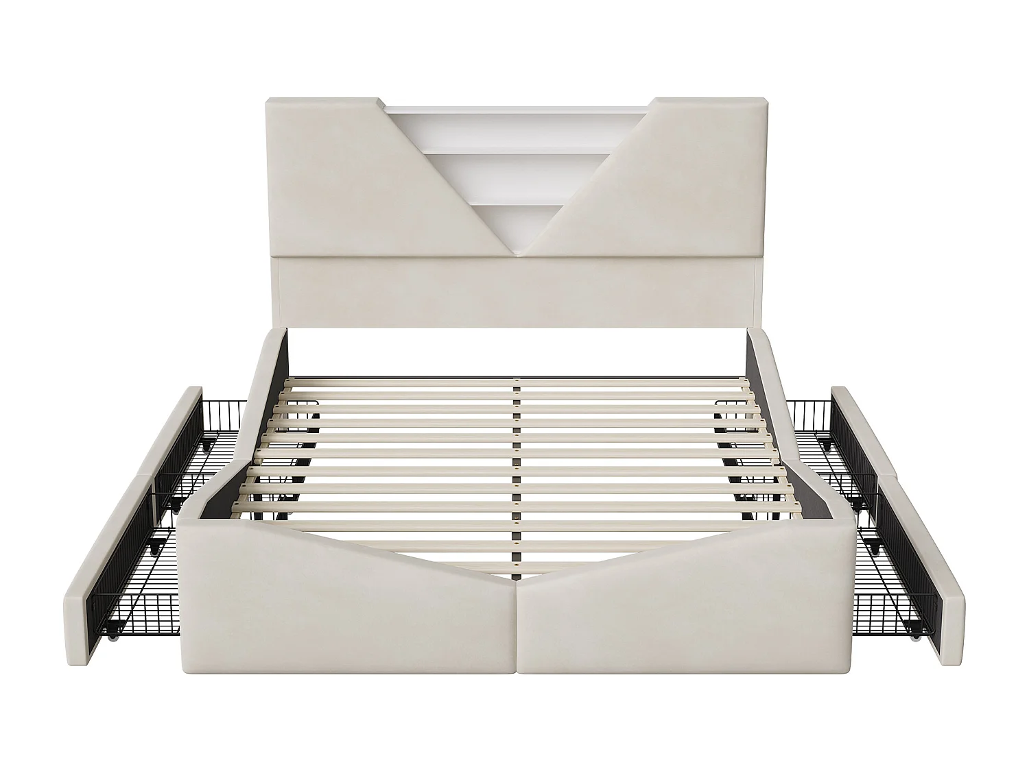 Lit coffre 140x200,Lit double avec LED,Tête de lit triangulaire avec rangement,sommier à lattes et 4 tiroirs,Beige Velours