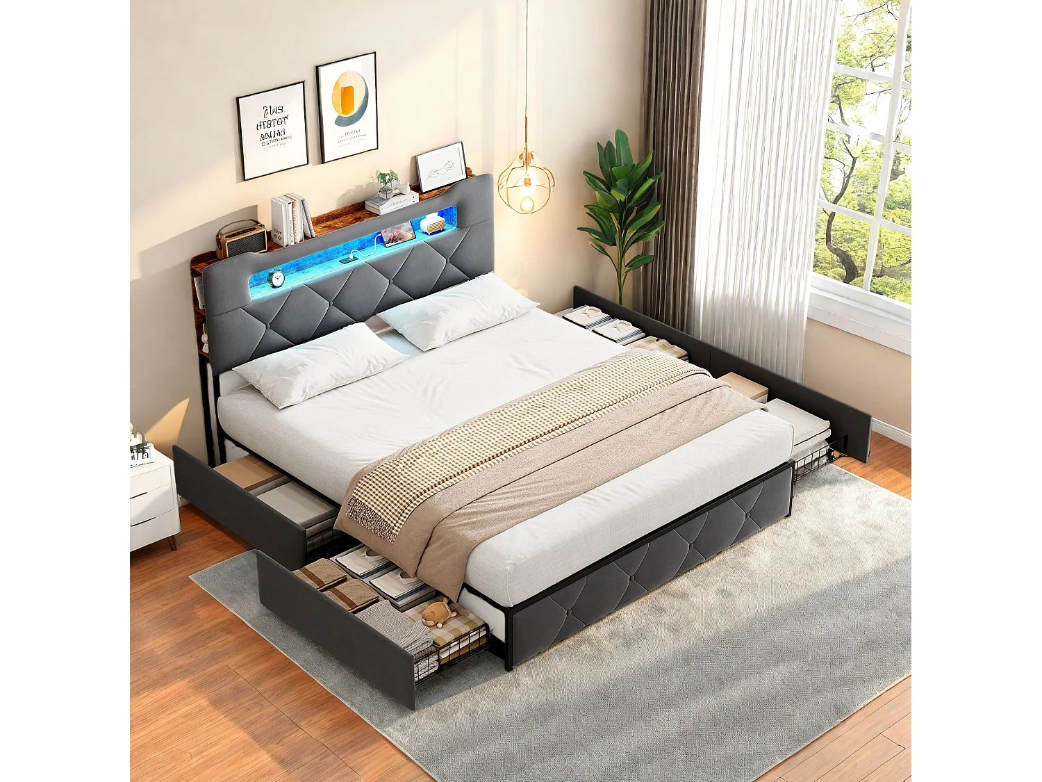 Lit double 160x200 avec LED et USB, Cadre lits avec 4 Tiroirs, Tete de Lit avec Rangement,Gris Velours