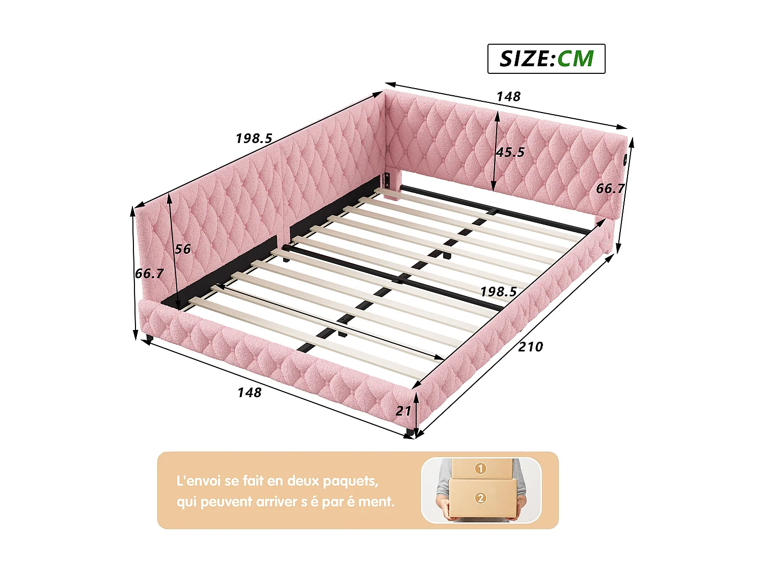 Canapé-lit rembourré 140x200,Cadre de lit avec Sommier à Lattes,Lit double avec LED et prise USB,Rosa Velours