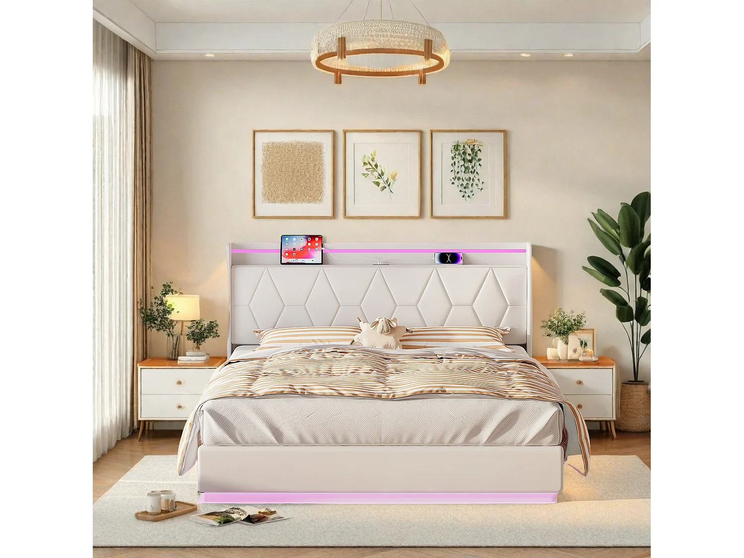 Lit 140x200 avec Sommier et Coffre hydraulique,Tête de Lit avec étagères ouvertes & Ports USB,Blanc Velours
