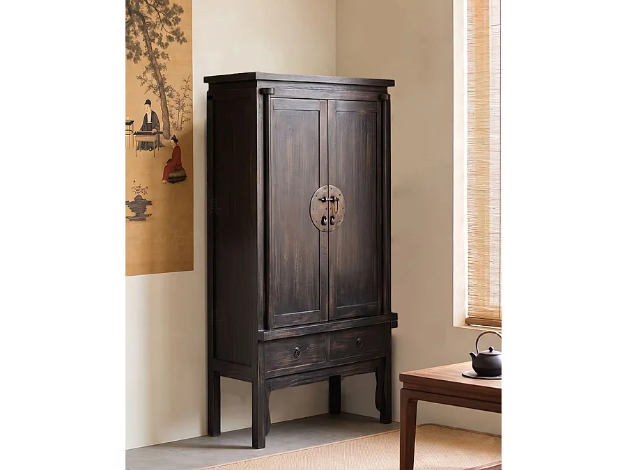 Shanghai - Armoire de mariage noire patinée en bois massif de mindi