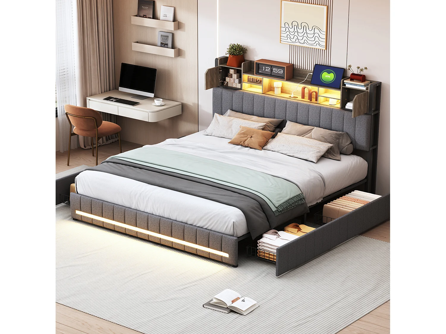 Lit double 140x200 avec Sommier à Lattes et 4 Tiroirs,Lit Coffre avec LED et USB,Tete de lit Rangement,Lin Gris