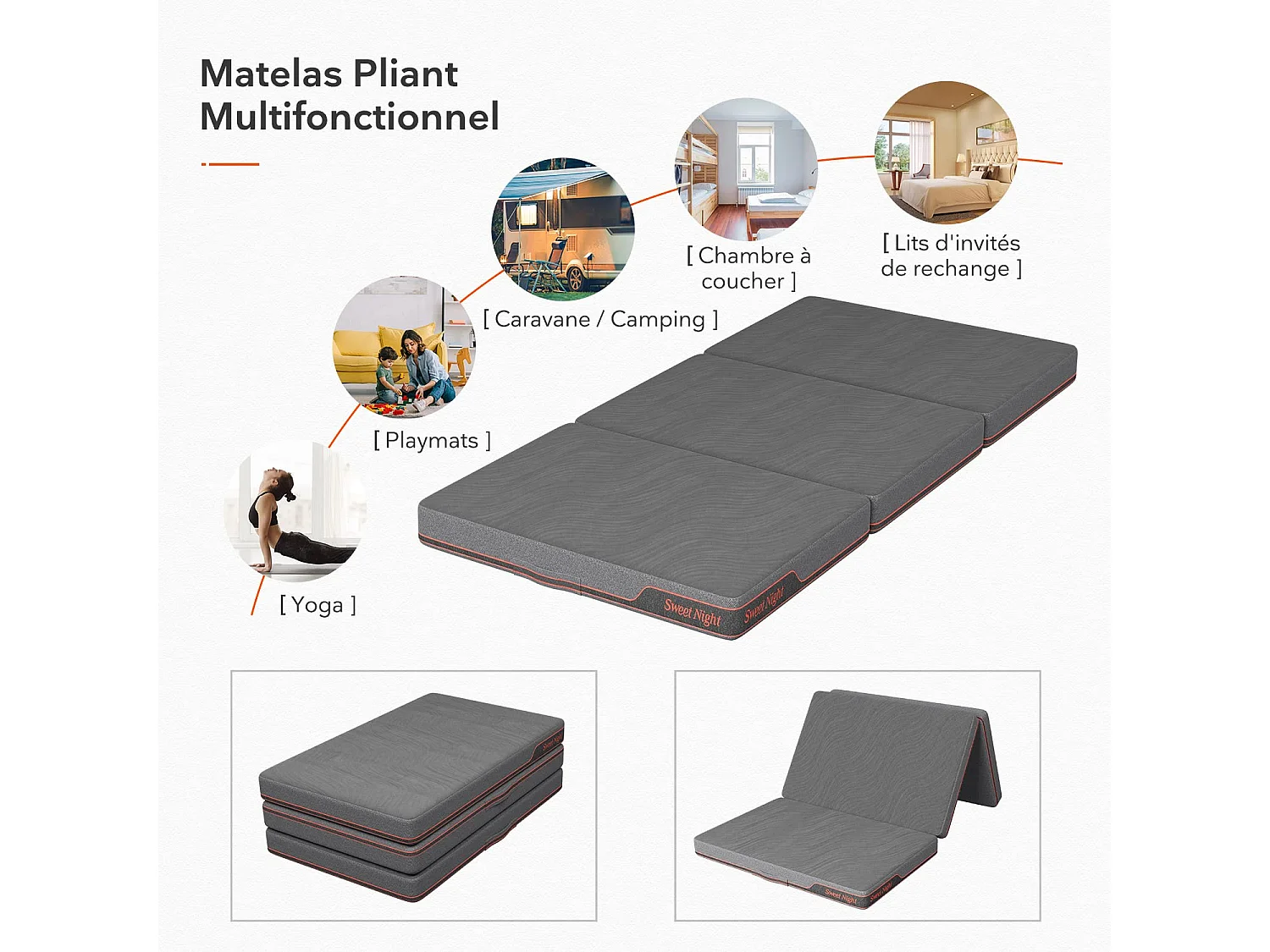 Sweetnight Matelas pliant 3 volets 140 x 190 cm épaisseur 10 cm mousse gel housse lavable avec sac de rangement
