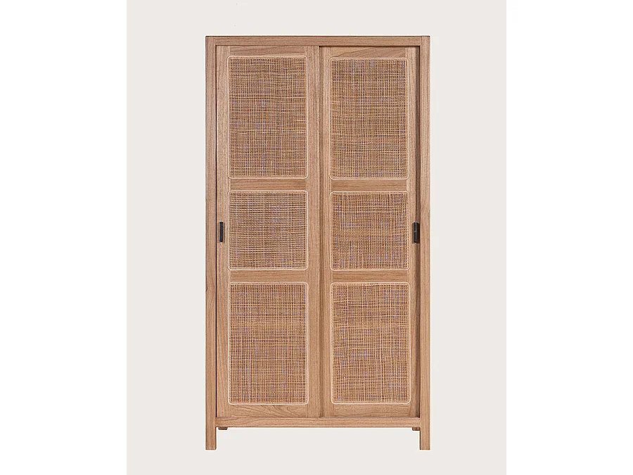 Tiraya - Armoire portes coulissantes en bois de Mindi et rotin naturel