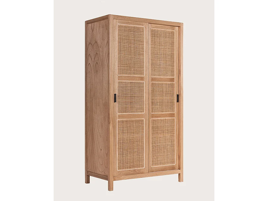 Tiraya - Armoire portes coulissantes en bois de Mindi et rotin naturel