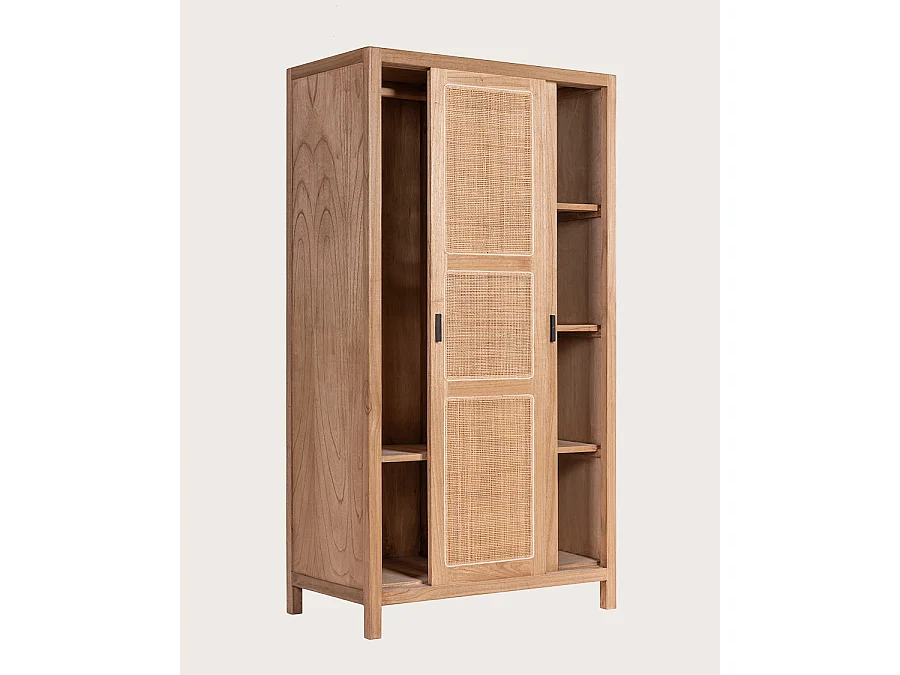 Tiraya - Armoire portes coulissantes en bois de Mindi et rotin naturel
