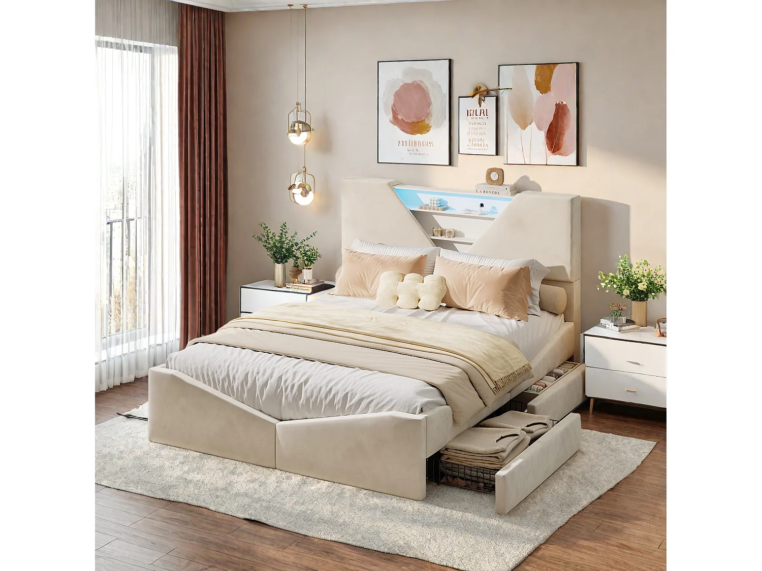 Lit double 160x200 cm avec sommier à lattes, Lumière LED, tête de lit triangulaire rangement, Cadre lits avec 4 tiroirs, Beige, Velours