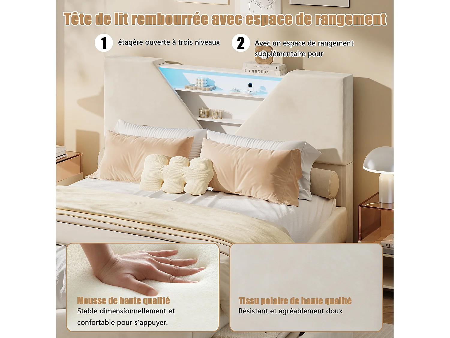 Lit double 160x200 cm avec sommier à lattes, Lumière LED, tête de lit triangulaire rangement, Cadre lits avec 4 tiroirs, Beige, Velours