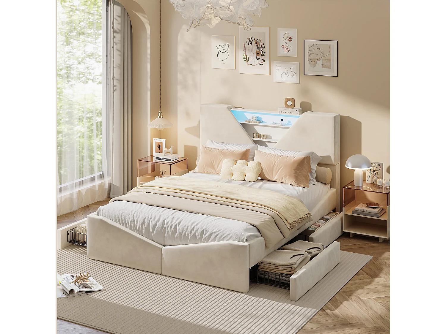 Lit double 160x200 cm avec sommier à lattes, Lumière LED, tête de lit triangulaire rangement, Cadre lits avec 4 tiroirs, Beige, Velours