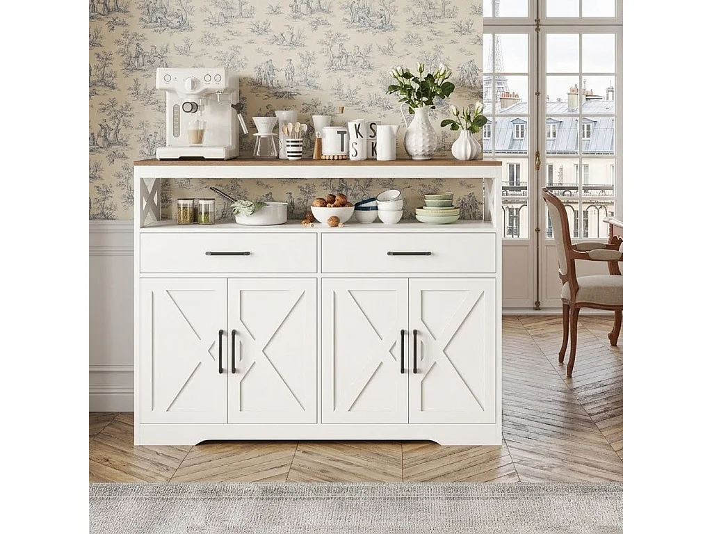 Buffet cuisine, avec 2 tiroirs et 4 portes, étagère réglable, buffet salle a manger pour cuisine, salon, 140x40x105 cm, blanc