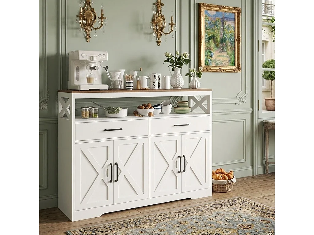 Buffet cuisine, avec 2 tiroirs et 4 portes, étagère réglable, buffet salle a manger pour cuisine, salon, 140x40x105 cm, blanc