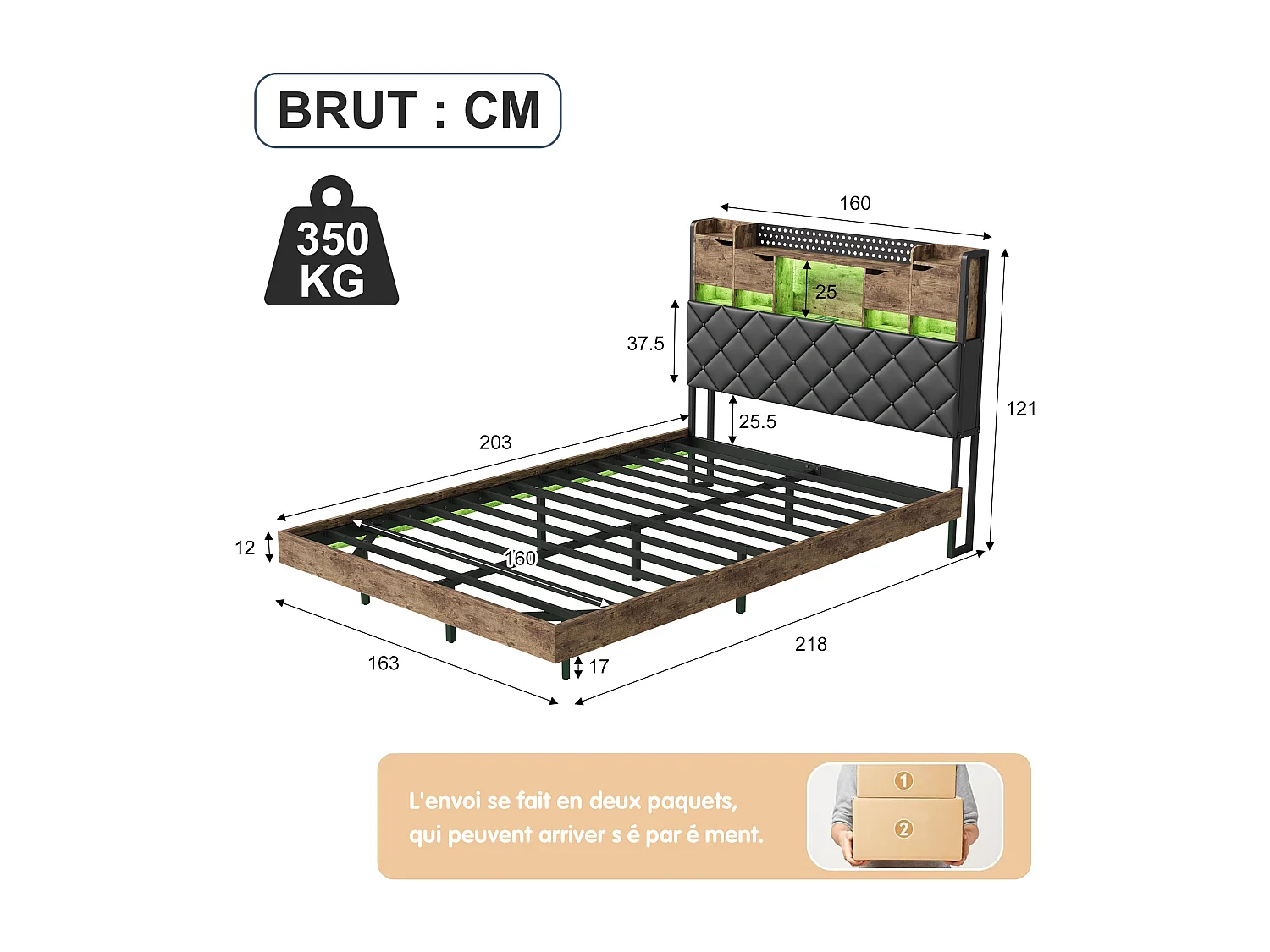 Lit coffre 160x200 avec Sommier flottant,lit double avec LED et USB & Type-C,Tête de lit Rembourrée avec Rangement,Noir