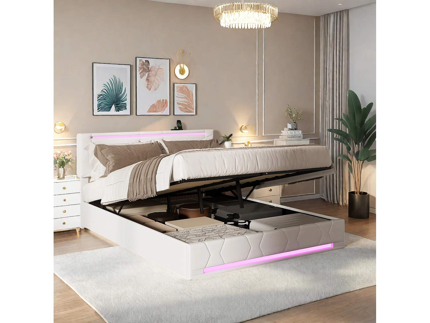 Lit coffre 160x200 avec sommier hydraulique,LED Lit Double avec Ports USB,Tête lit ajustable,Blanc Lin Rembourré Cadre