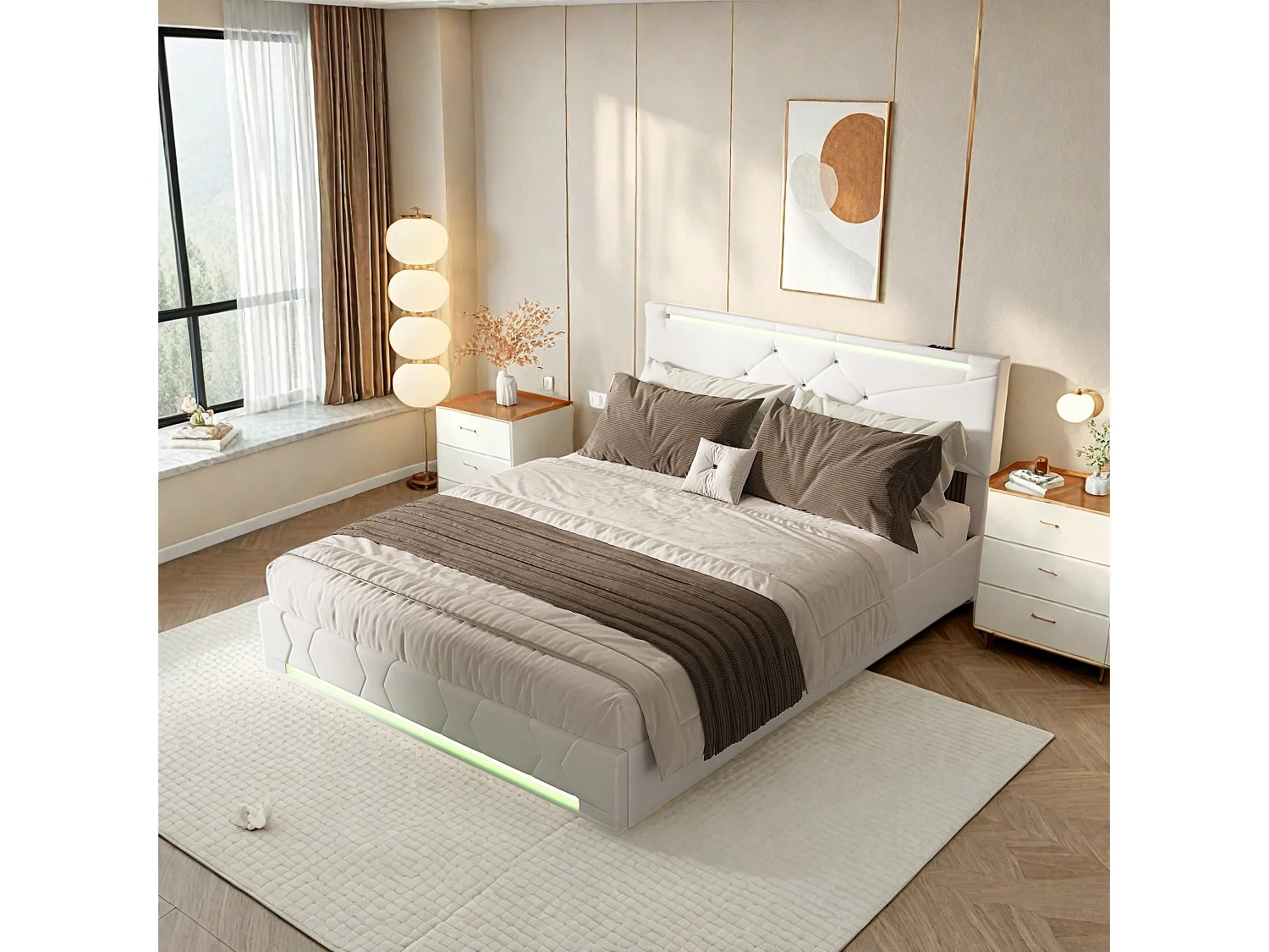Lit coffre 160x200 avec sommier hydraulique,LED Lit Double avec Ports USB,Tête lit ajustable,Blanc Lin Rembourré Cadre