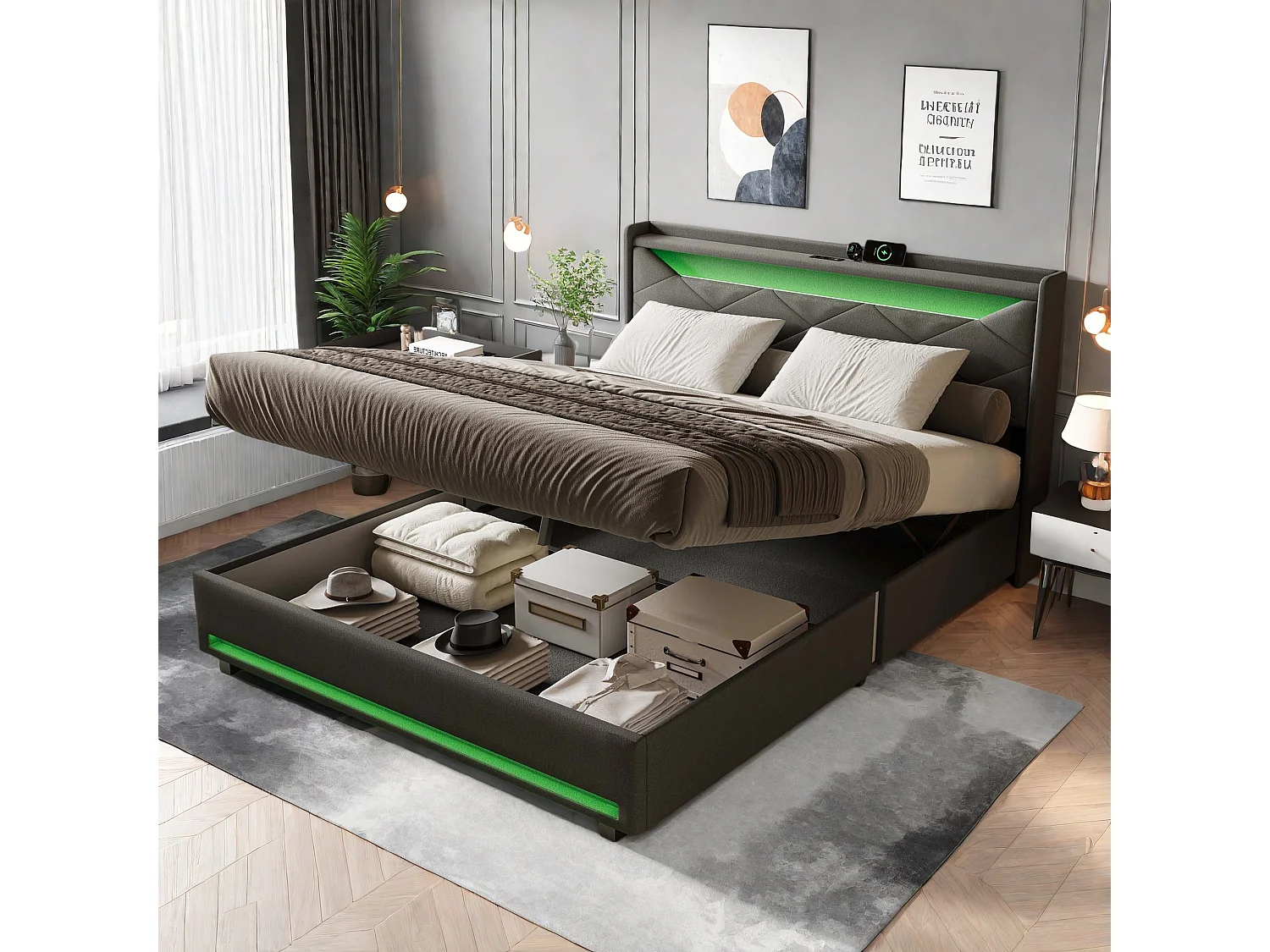 Lit 140x200 avec Rangement hydraulique,Lit Double avec LED et Ports USB,Cadre lits avec sommiers à lattes,Gris Lin