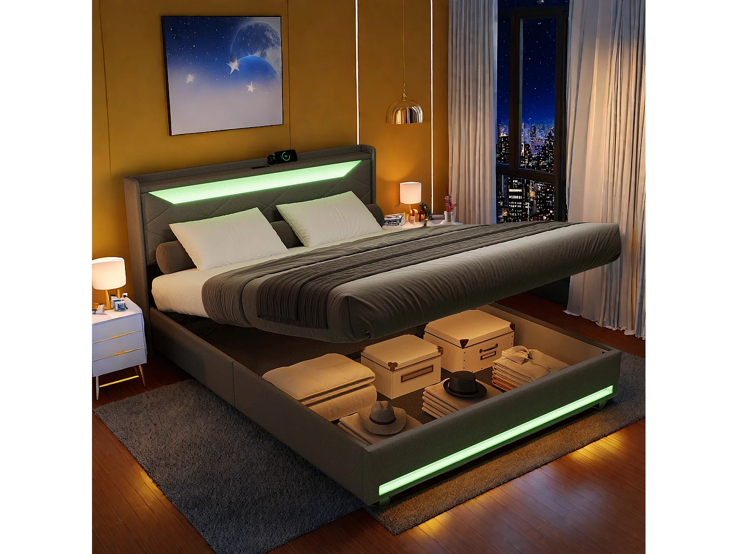 Lit 140x200 avec Rangement hydraulique,Lit Double avec LED et Ports USB,Cadre lits avec sommiers à lattes,Gris Lin