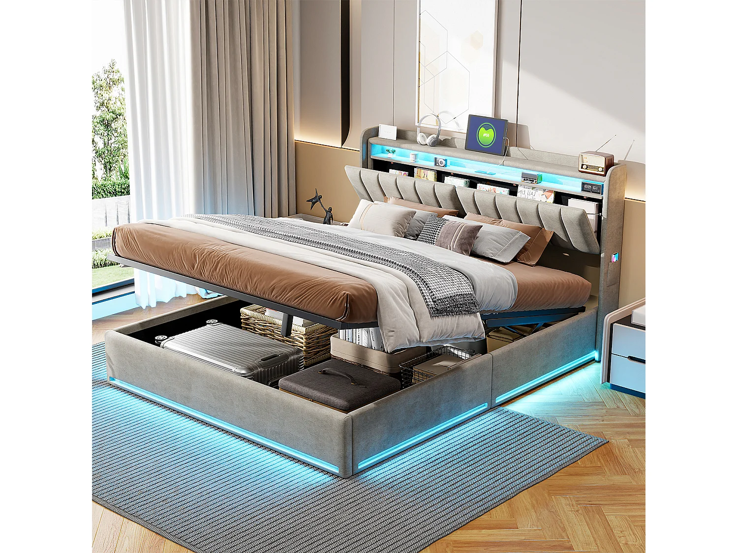 LED Lit coffre 140x190,Lit double avec rangement hydraulique et port USB,Tête de lit ouvertes/dissimul,Gris Velours