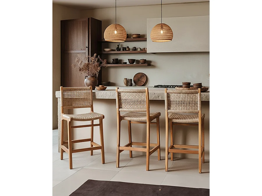 Nolan - Lot de 2 chaises de bar en teck et corde Viro tressée