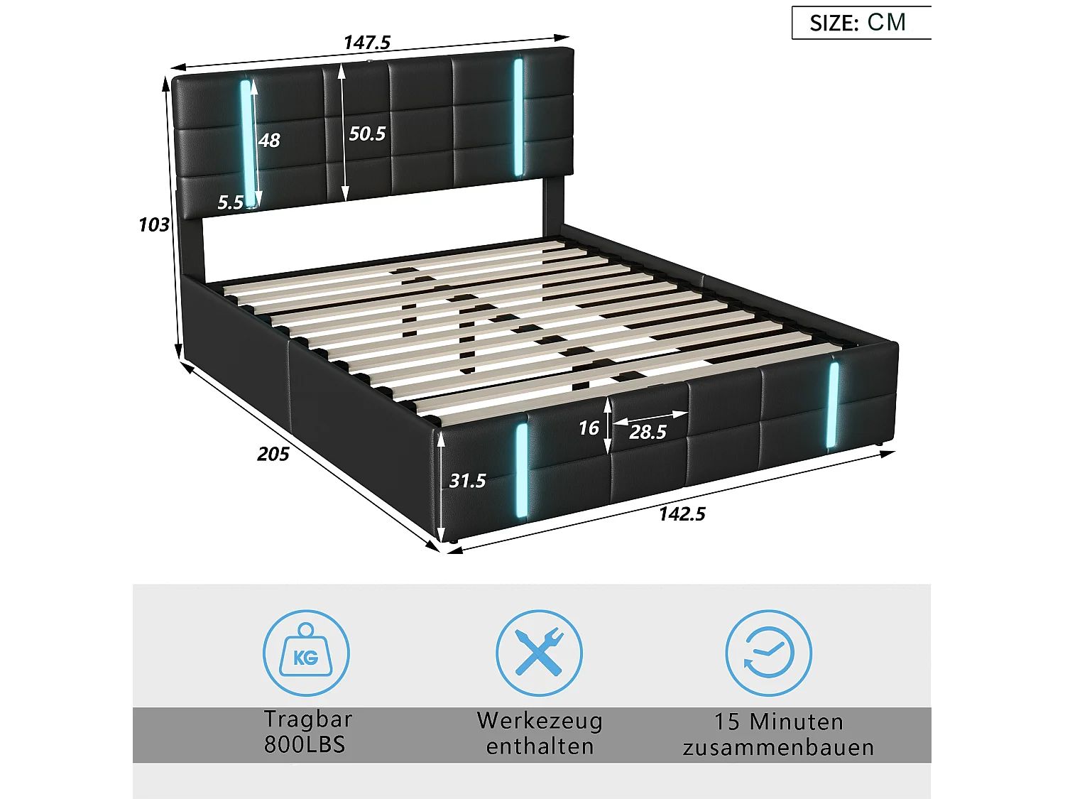 Lit Coffre 140x200 avec Sommier Hydraulique,Lit Double avec LED et USB ports,Noir PU