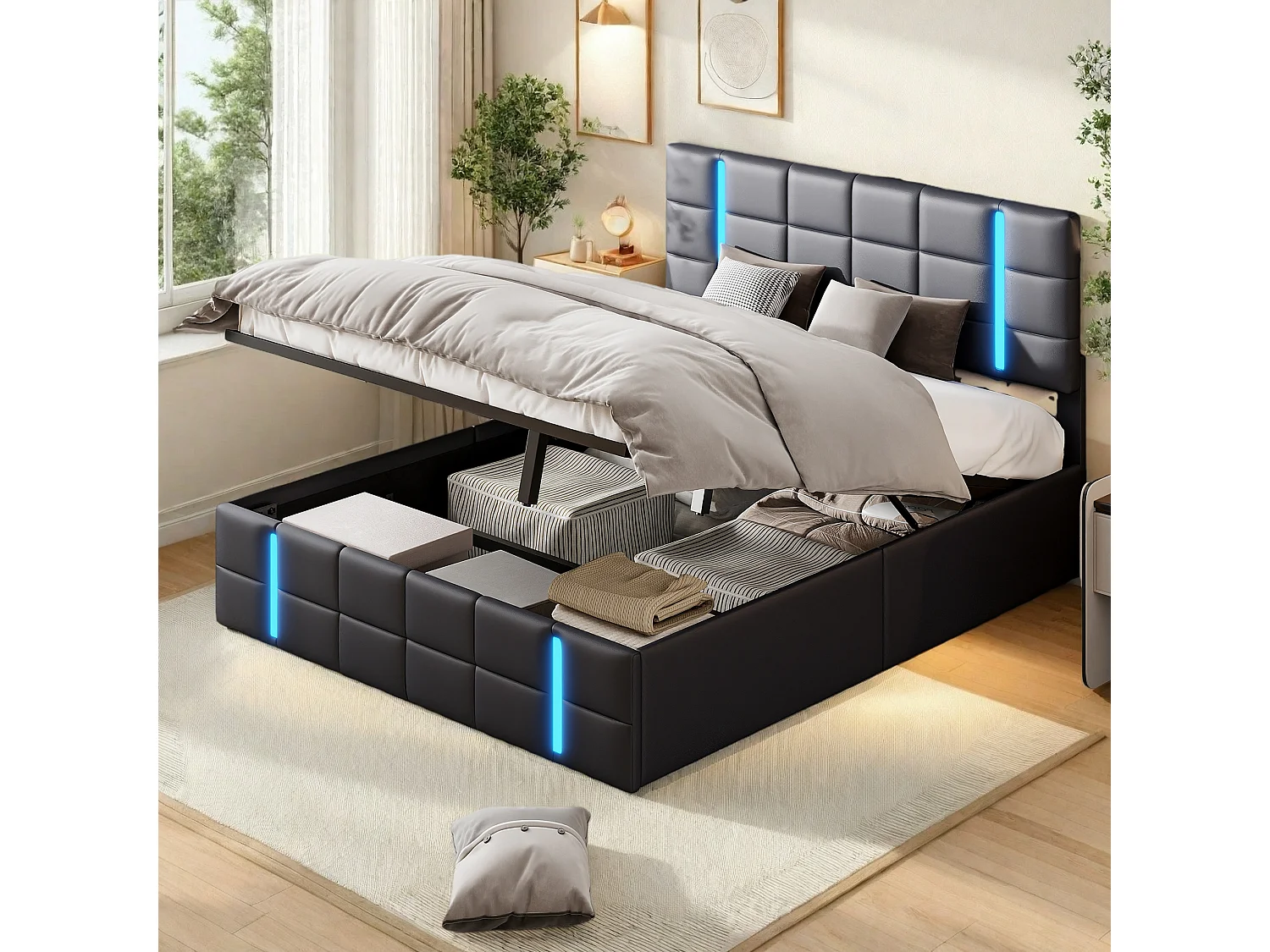 Lit Coffre 140x200 avec Sommier Hydraulique,Lit Double avec LED et USB ports,Noir PU