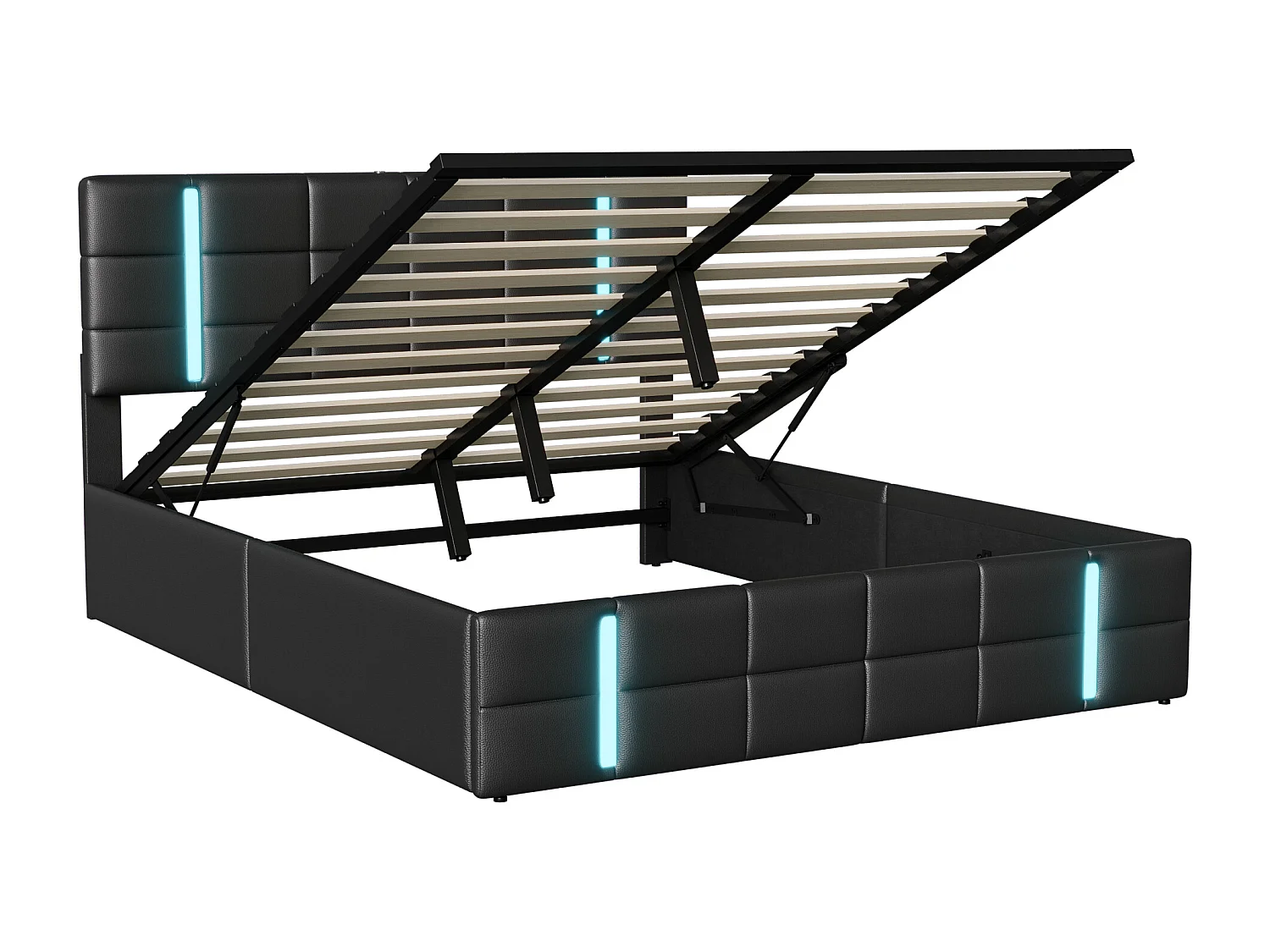 Lit Coffre 140x200 avec Sommier Hydraulique,Lit Double avec LED et USB ports,Noir PU
