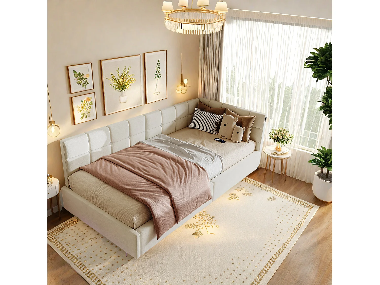 Lit coffre 90x200 avec Rangement hydraulique, Éclairage LED et Port USB, Cadre de lit flottant Beige Velours