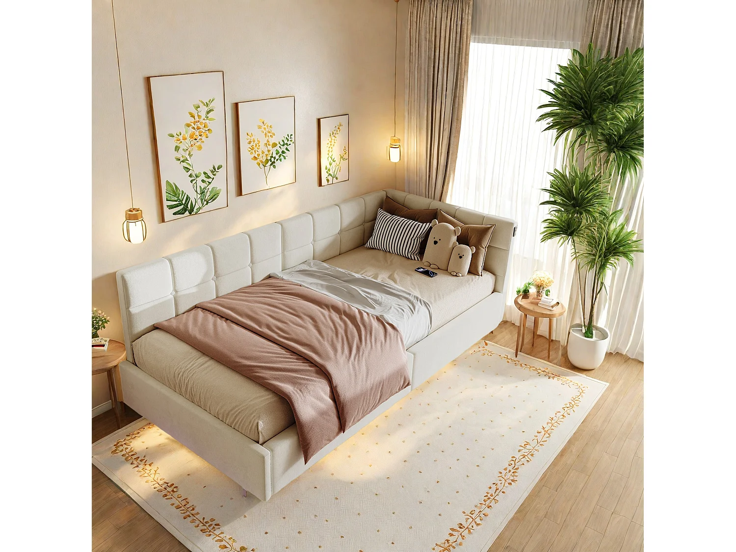 Lit coffre 90x200 avec Rangement hydraulique, Éclairage LED et Port USB, Cadre de lit flottant Beige Velours