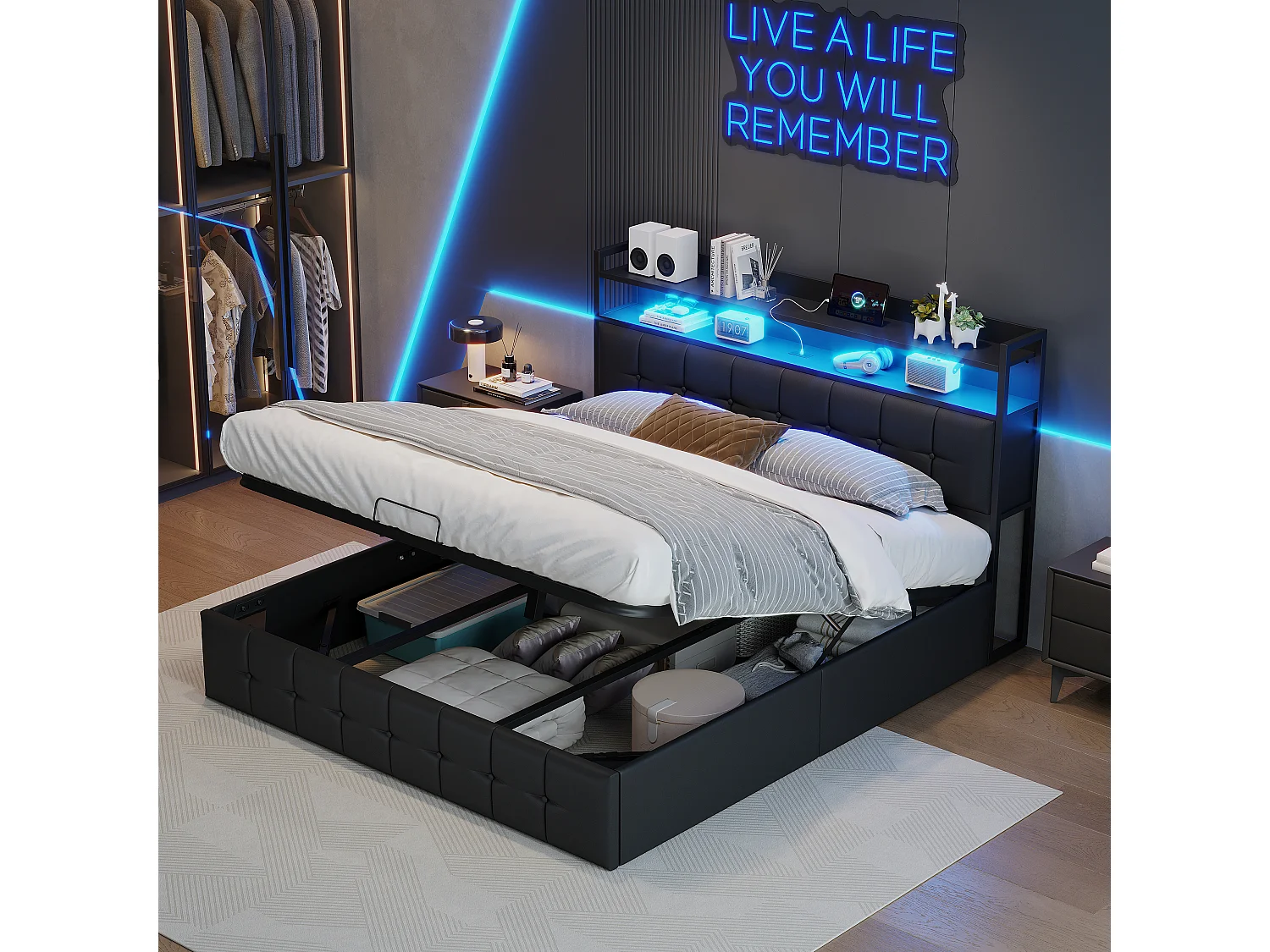 Lit double 160x200 avec USB et éclairage LED,Lit avec Rangement hydraulique et sommier à Lattes,Noir PU