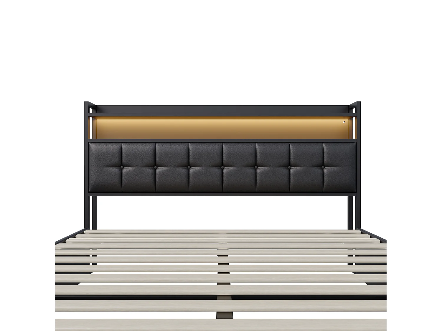 Lit double 160x200 avec USB et éclairage LED,Lit avec Rangement hydraulique et sommier à Lattes,Noir PU