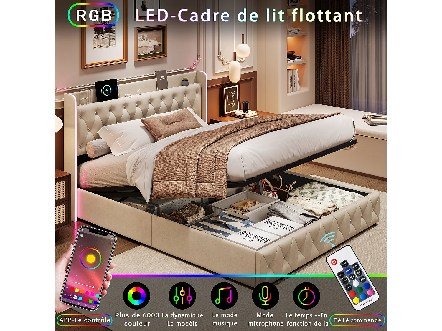Lit 140x200 avec sommier à lattes et Coffre Hydraulique,Tête de lit LED avec Ports USB,Beige Velours