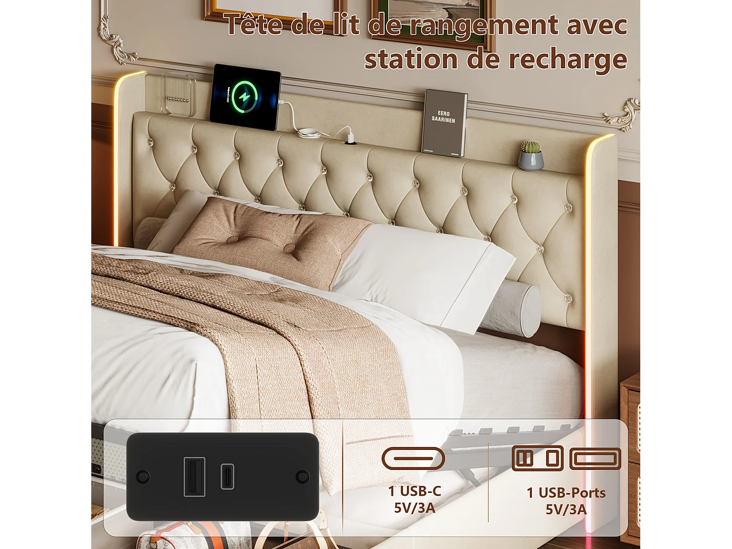 Lit 140x200 avec sommier à lattes et Coffre Hydraulique,Tête de lit LED avec Ports USB,Beige Velours