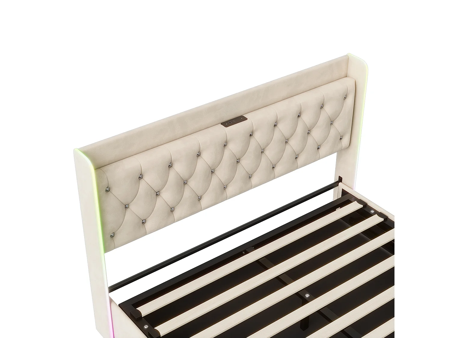 Lit 140x200 avec sommier à lattes et Coffre Hydraulique,Tête de lit LED avec Ports USB,Beige Velours