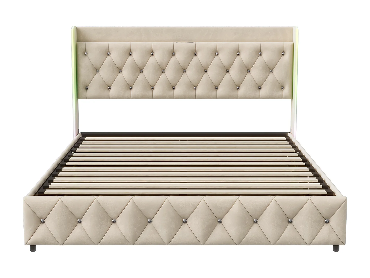 Lit 140x200 avec sommier à lattes et Coffre Hydraulique,Tête de lit LED avec Ports USB,Beige Velours