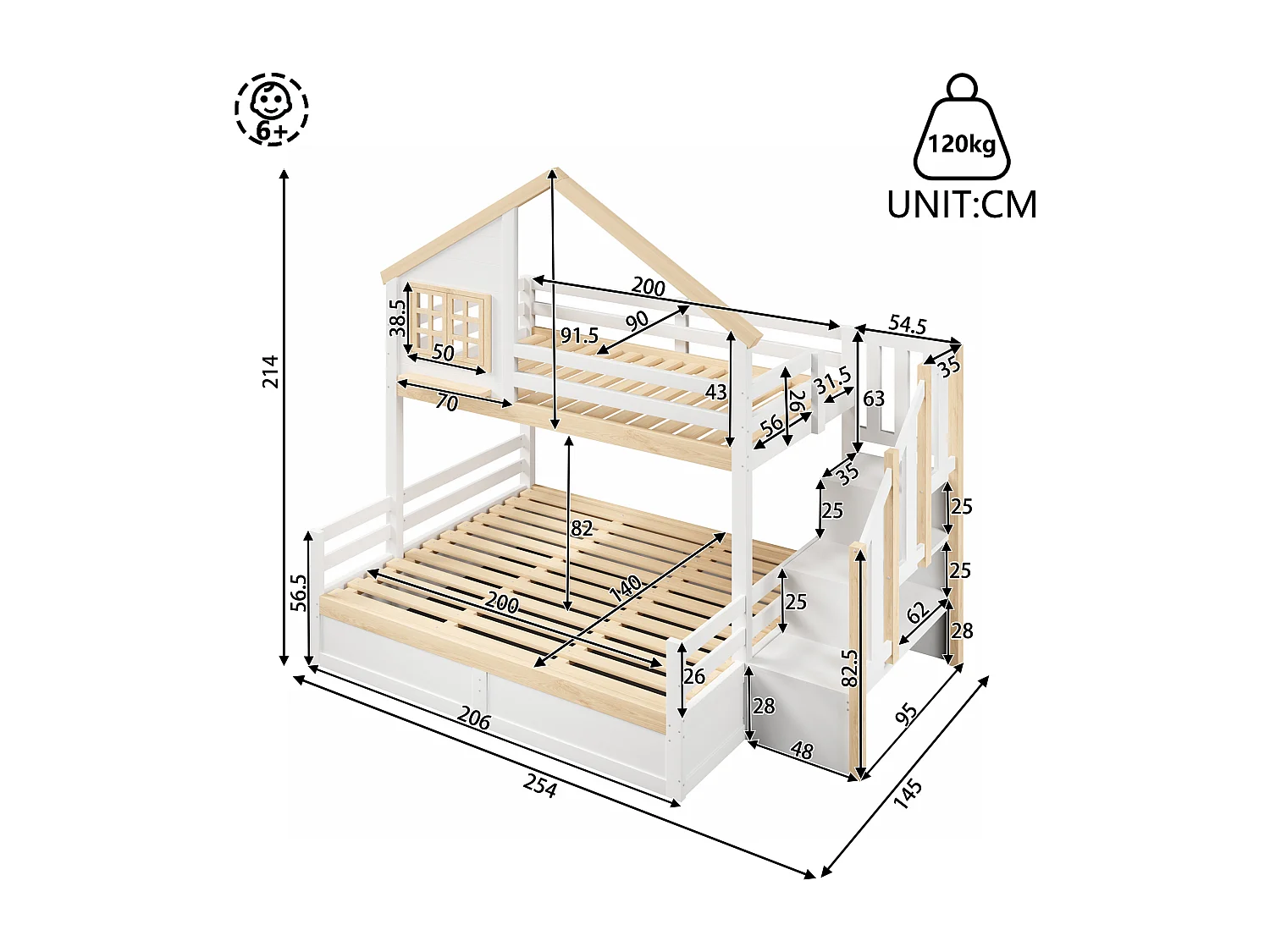 Lit superposé cabane 90x200/140x200 avec barrière, échelle de rangement et coffre hydraulique - blanc et bois naturel