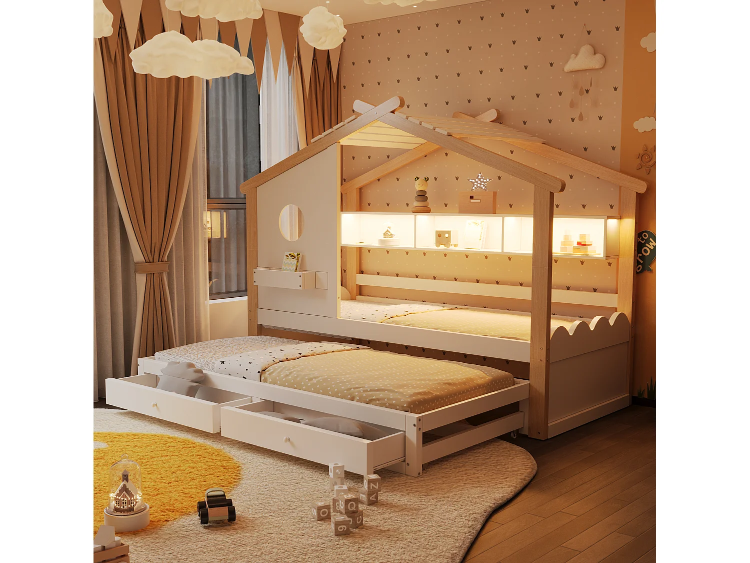 Lit cabane enfant 90x200 avec lit gigogne 90x190 - 2 tiroirs, étagères, LED, USB et USB-C - blanc et bois naturel
